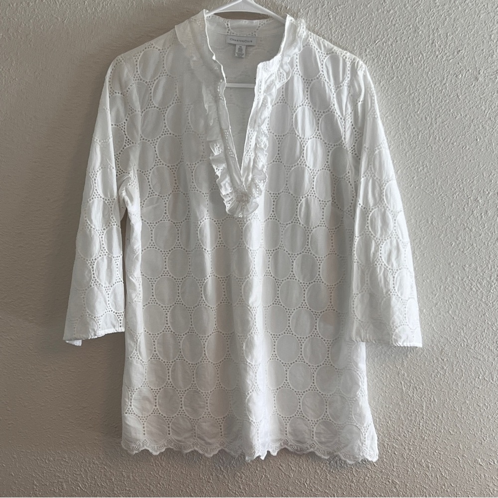 Charter Club Size 14 White Eyelet Cotton Blouse Ruffle V-Neck 3/4 Sleeve Lined - Picture 2 of 10